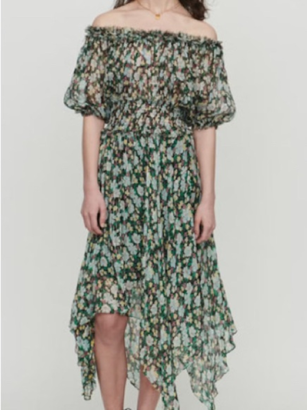 Maje Rulli Floral-Print Silk Midi Dress Size 2 Green Sheer Ruched Waist Fairy